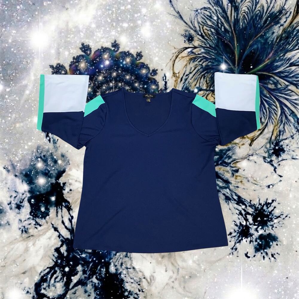 Melissa Paige Petite Womens PL Navy Green White Colorblock V Neck Top